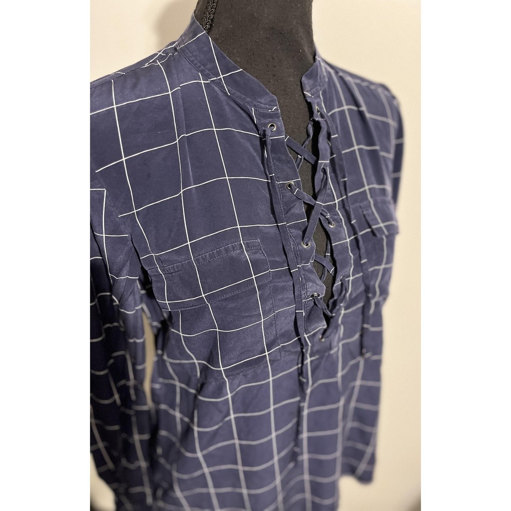 Madewell Shirt Womens XS Navy Windowpane Silk Lace-Up Long Sleeve Blouse Top - Picture 6 of 12